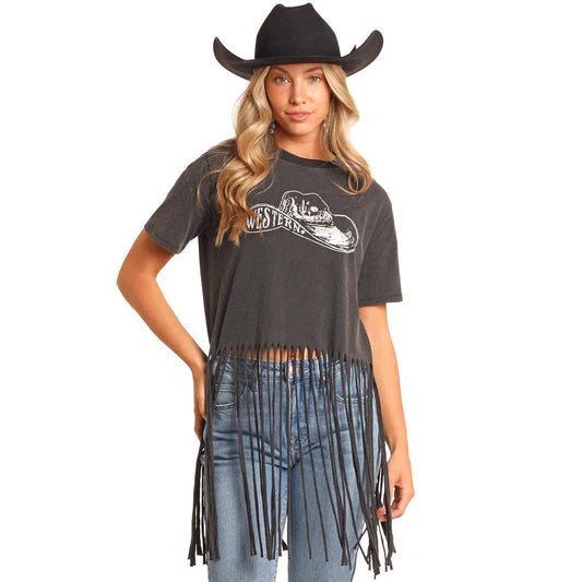 Rock & Roll Women's Western Fringe with Studs T-Shirt - Faded Black