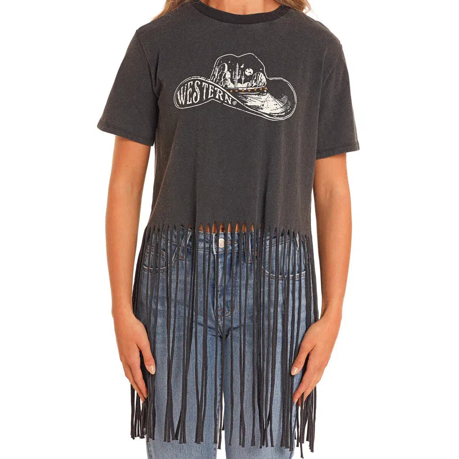 Rock & Roll Women's Western Fringe with Studs T-Shirt - Faded Black