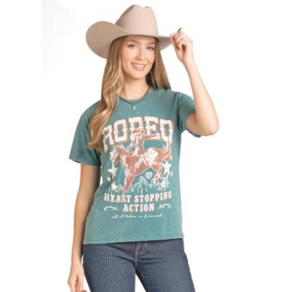 Rock & Roll Women's Rodeo Heart Stopping Action Graphic Tee Shirt- Teal