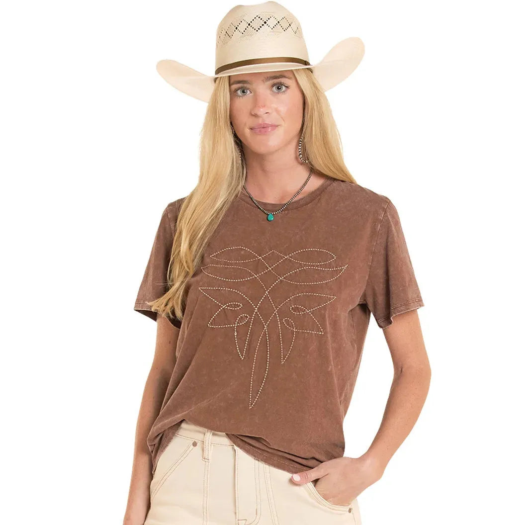 Rock & Roll Women's Embroidered Boot Stitch Tee Shirt - Mahogany