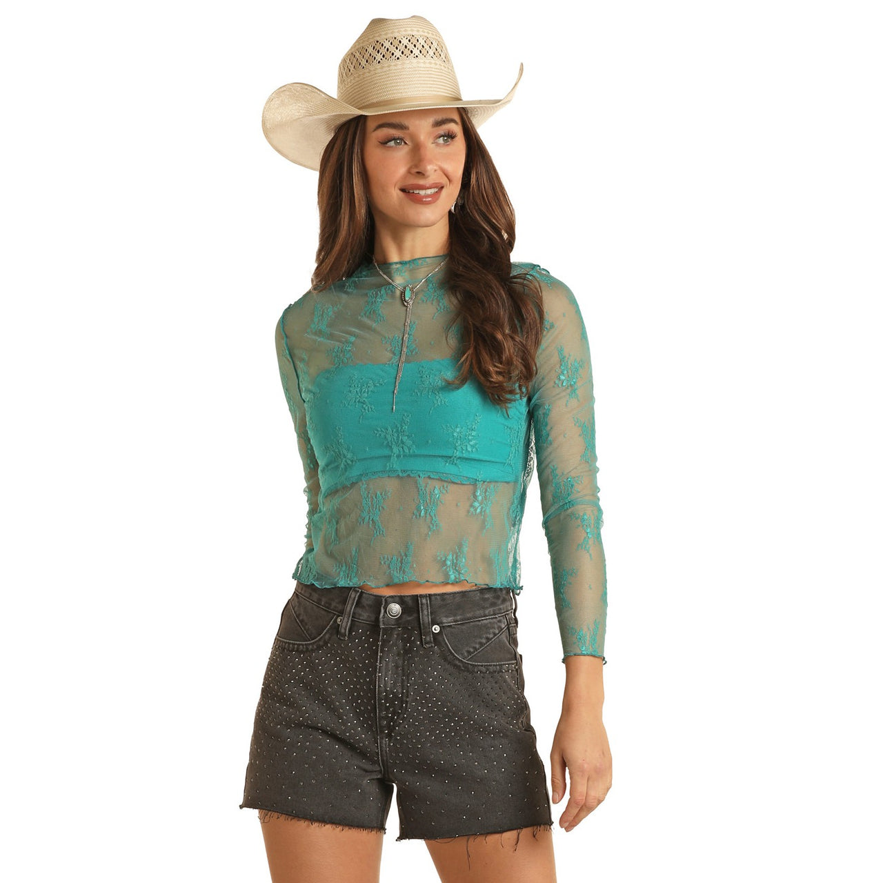Rock & Roll Women's Mesh Lace Top - Turquoise