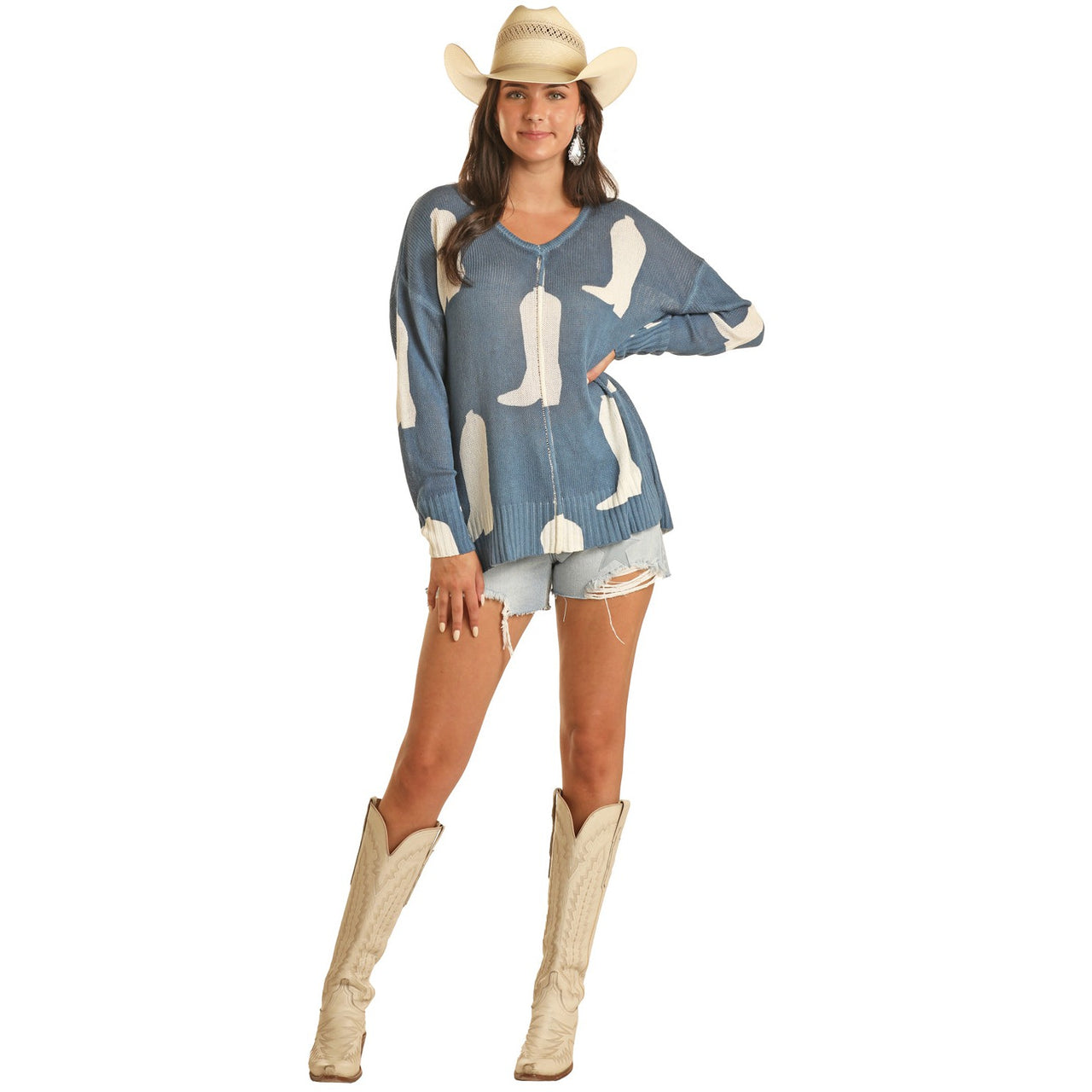 Rock & Roll Women's Cowboy Boot Baja Sweater - Blue