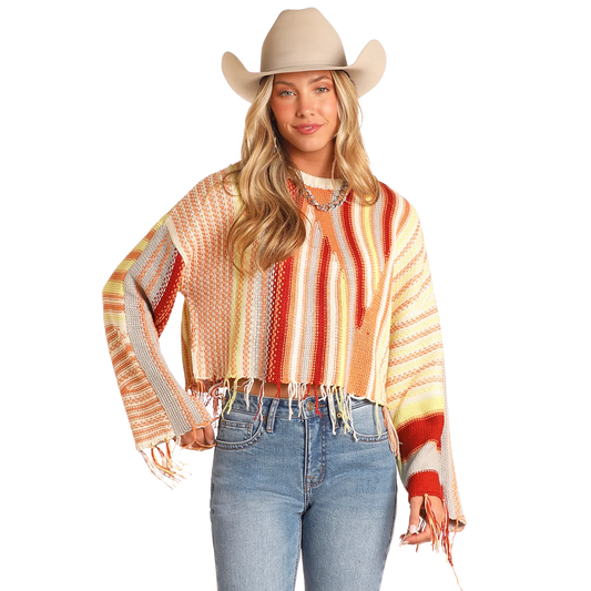 Rock & Roll Women's Long Sleeve Abstract Striped Sweater - Orange