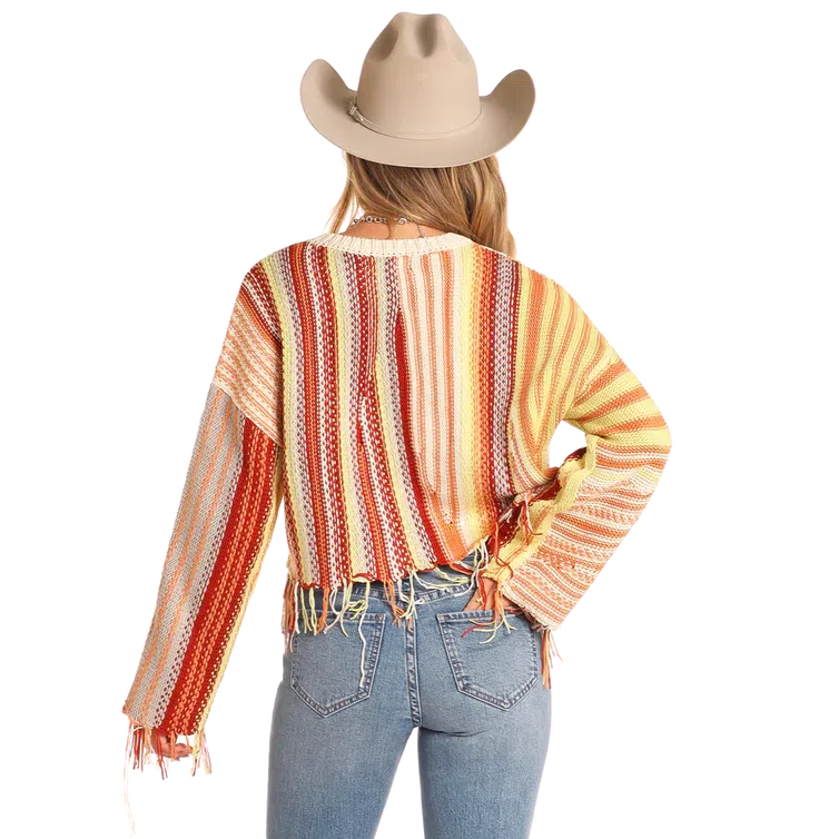 Rock & Roll Women's Long Sleeve Abstract Striped Sweater - Orange