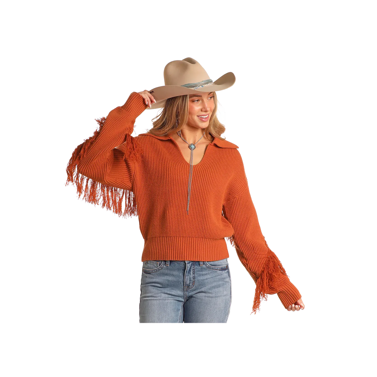 Rock & Roll Women's Sweater with Fringe - Rust