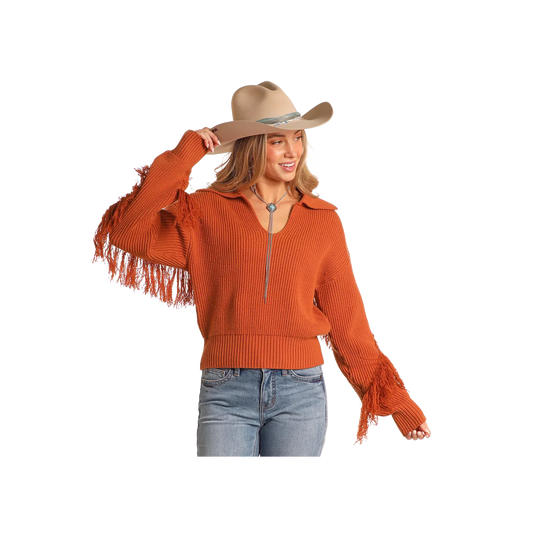 Rock & Roll Women's Sweater with Fringe - Rust