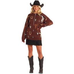 Rock & Roll Women's Long Sleeve Quirky Conversational Sweater- Dark Brown