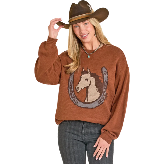Rock & Roll Horse & Horseshoe Sweater- Burnt Orange