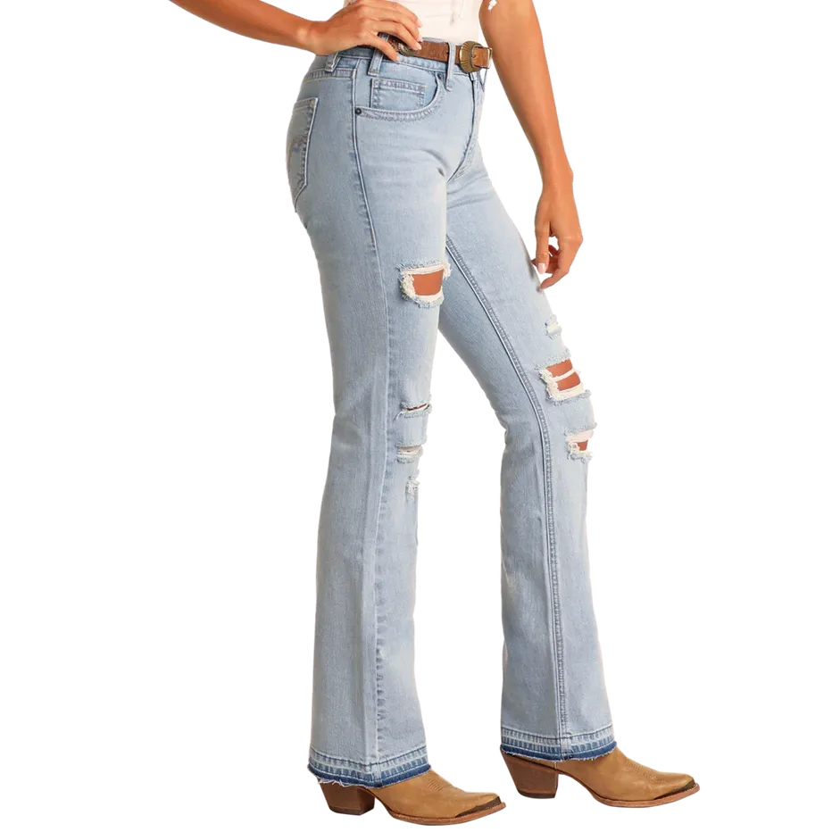 Rock & Roll Women's Distressed High Rise Boot Cut Jeans-Light Wash