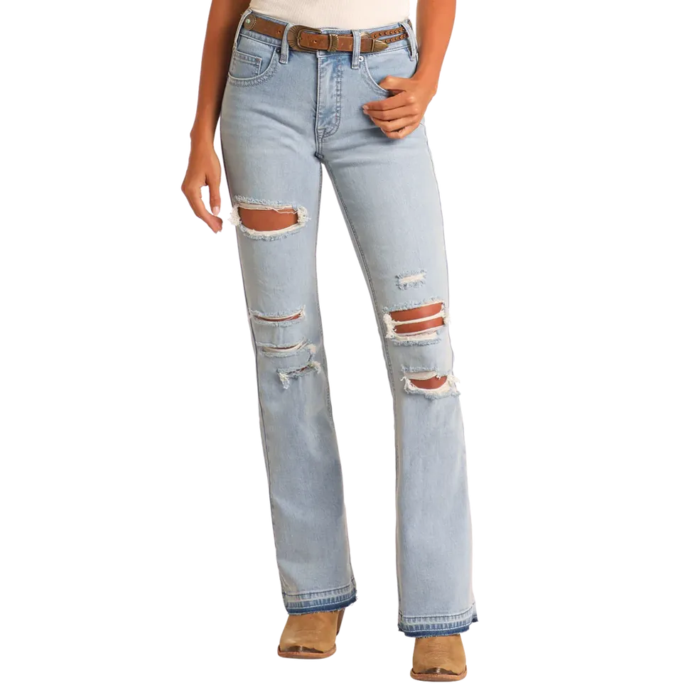 Rock & Roll Women's Distressed High Rise Boot Cut Jeans-Light Wash