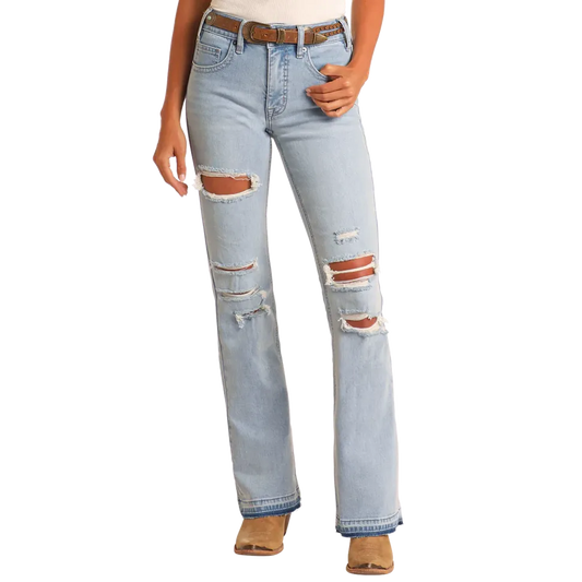 Rock & Roll Women's Distressed High Rise Boot Cut Jeans-Light Wash