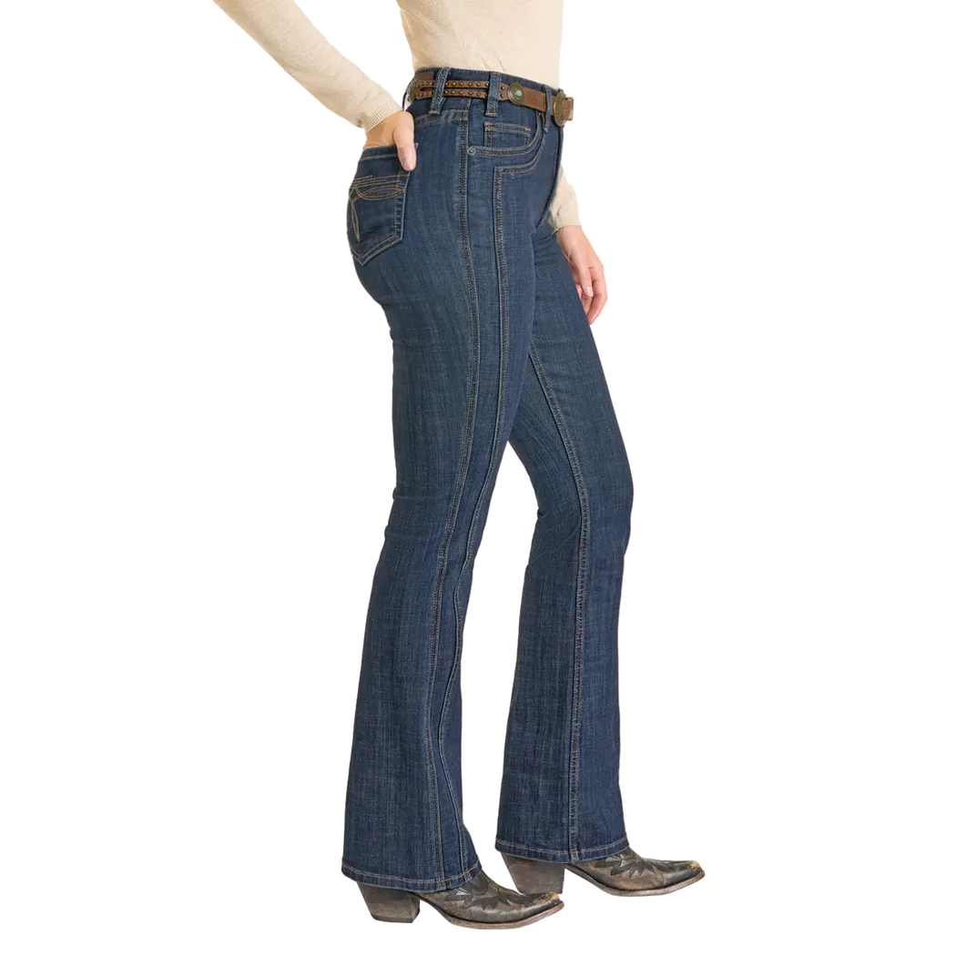 Rock & Roll Women's High Rise Front Detail Saddle Stitch Bootcut Jeans - Dark Wash