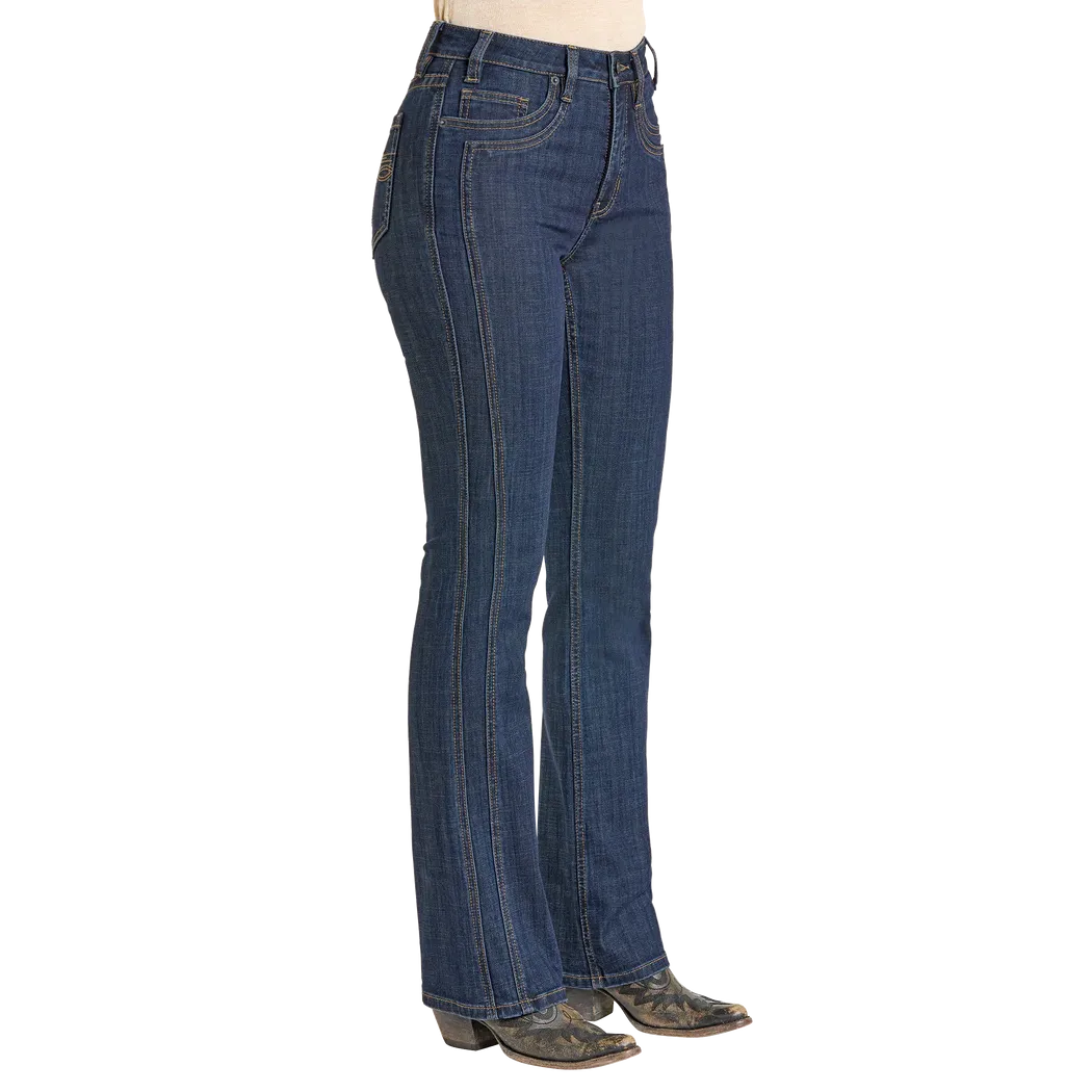 Rock & Roll Women's High Rise Front Detail Saddle Stitch Bootcut Jeans - Dark Wash