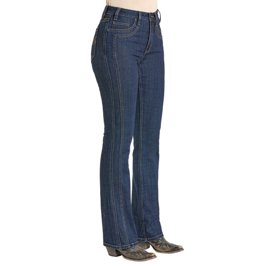 Rock & Roll Women's High Rise Front Detail Saddle Stitch Bootcut Jeans - Dark Wash