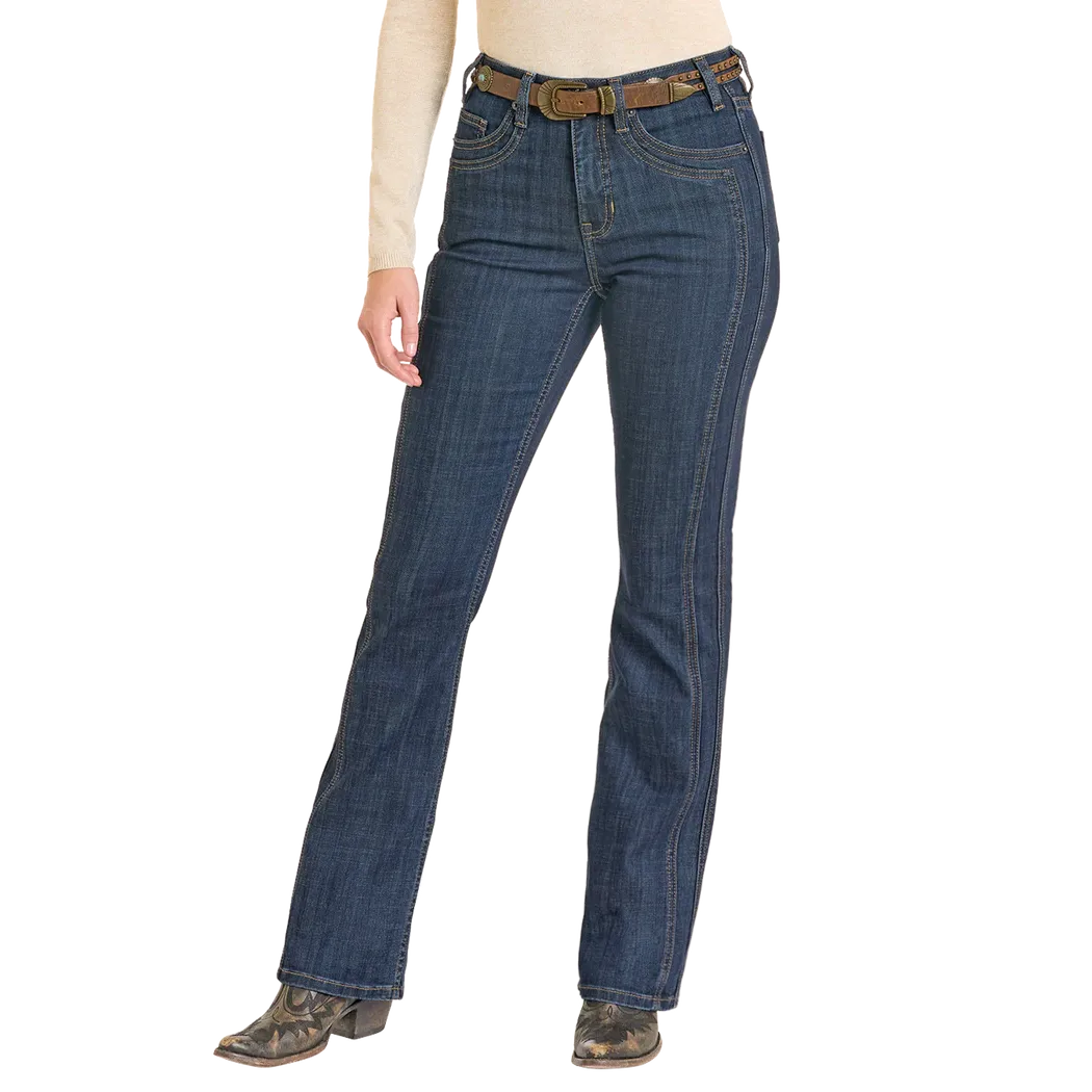 Rock & Roll Women's High Rise Front Detail Saddle Stitch Bootcut Jeans - Dark Wash