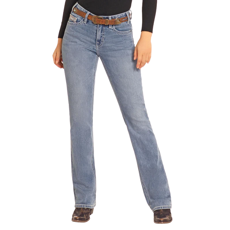 Rock & Roll Women's Mid Rise Steer Embroidered Boot Cut Jeans- Medium Wash