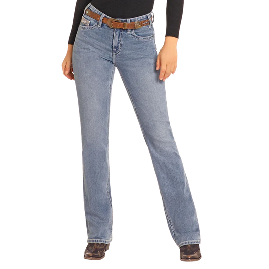 Rock & Roll Women's Mid Rise Steer Embroidered Boot Cut Jeans- Medium Wash