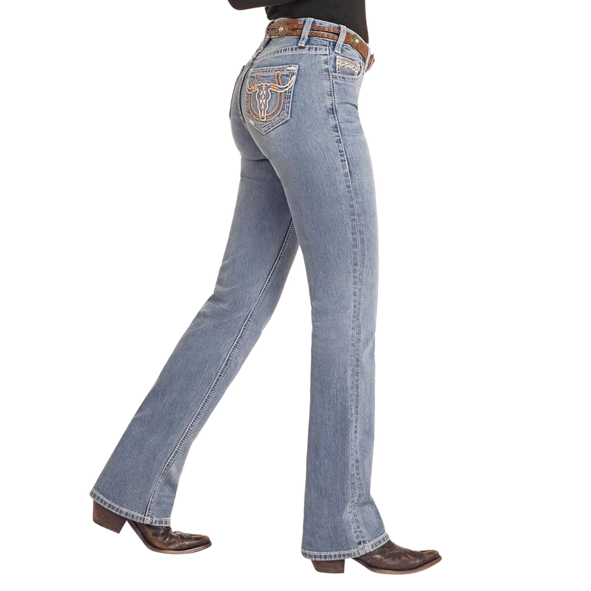 Rock & Roll Women's Mid Rise Steer Embroidered Boot Cut Jeans- Medium Wash