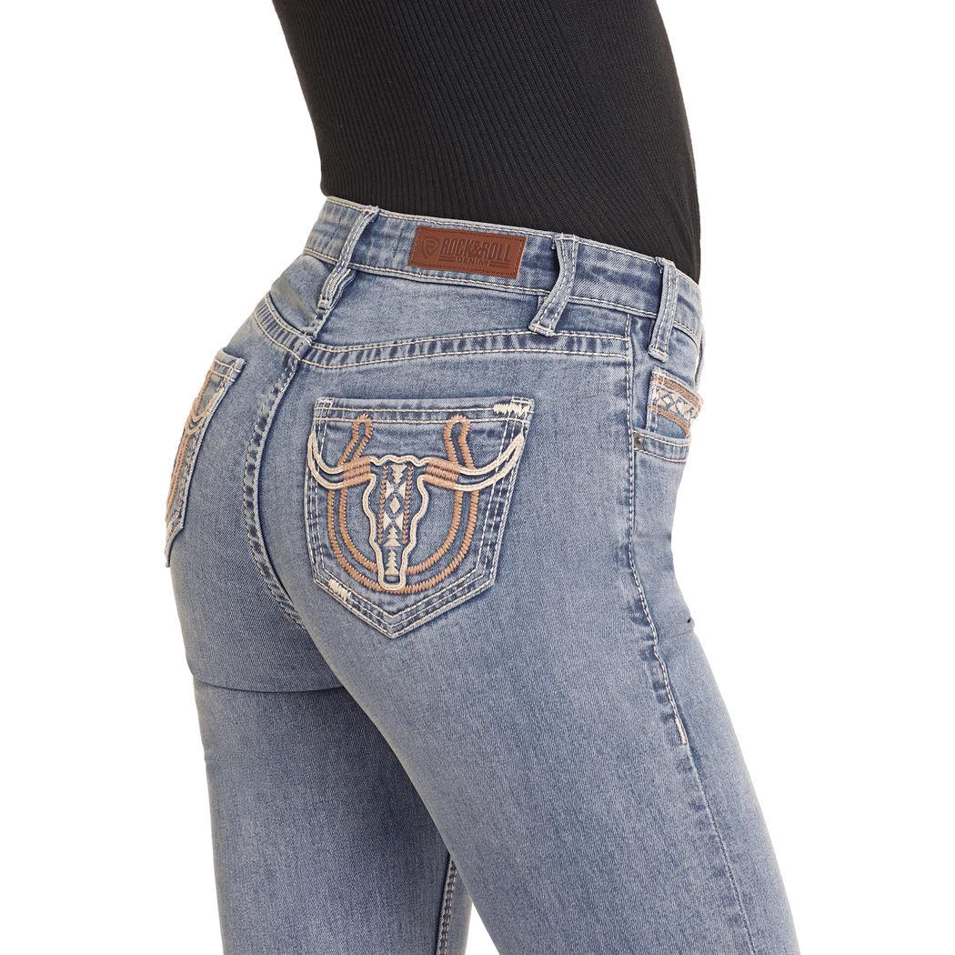 Rock & Roll Women's Mid Rise Steer Embroidered Boot Cut Jeans- Medium Wash