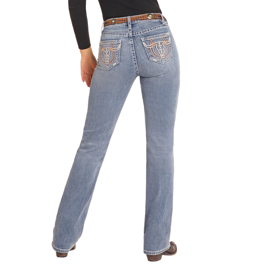 Rock & Roll Women's Mid Rise Steer Embroidered Boot Cut Jeans- Medium Wash