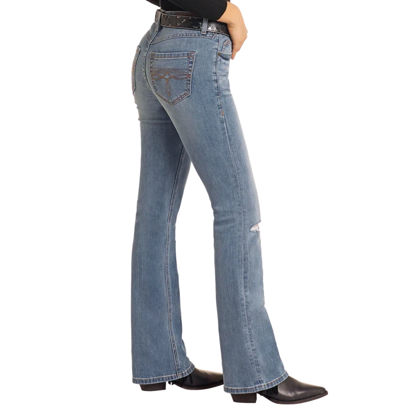 Rock & Roll Women's Distressed Mid Rise Bootcut Jean - Medium Wash