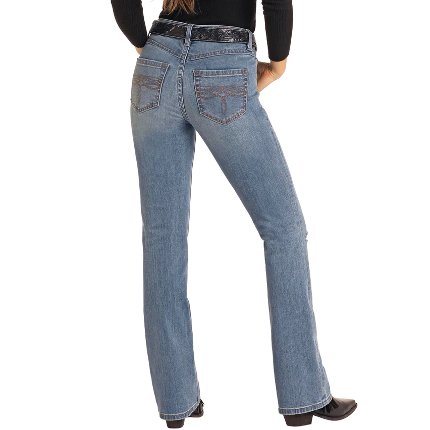 Rock & Roll Women's Distressed Mid Rise Bootcut Jean - Medium Wash