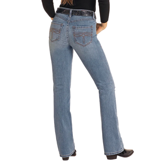 Rock & Roll Women's Distressed Mid Rise Bootcut Jean - Medium Wash