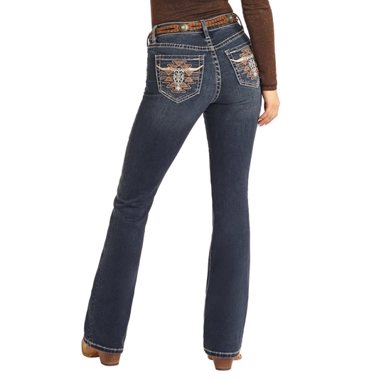 Rock & Roll Women's Steer Head Emblem Mid Rise Bootcut Jean - Medium Wash