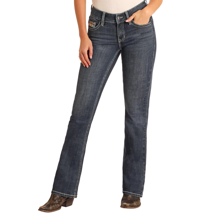 Rock & Roll Women's Cowhide Embroidered Midrise Bootcut Jean-Dark Wash