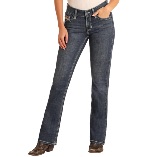 Rock & Roll Women's Cowhide Embroidered Midrise Bootcut Jean-Dark Wash