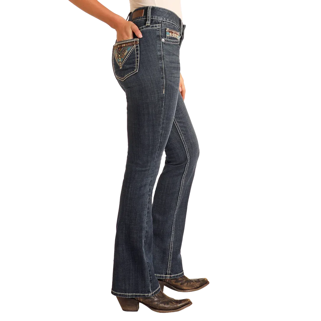 Rock & Roll Women's Cowhide Embroidered Midrise Bootcut Jean-Dark Wash
