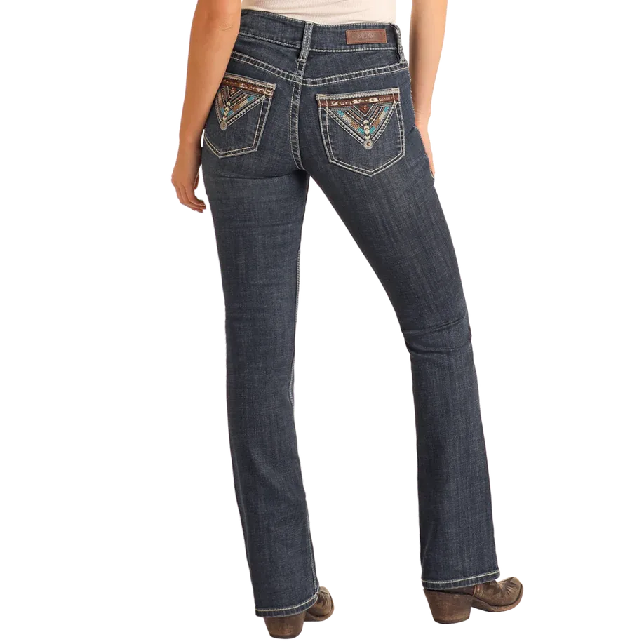 Rock & Roll Women's Cowhide Embroidered Midrise Bootcut Jean-Dark Wash