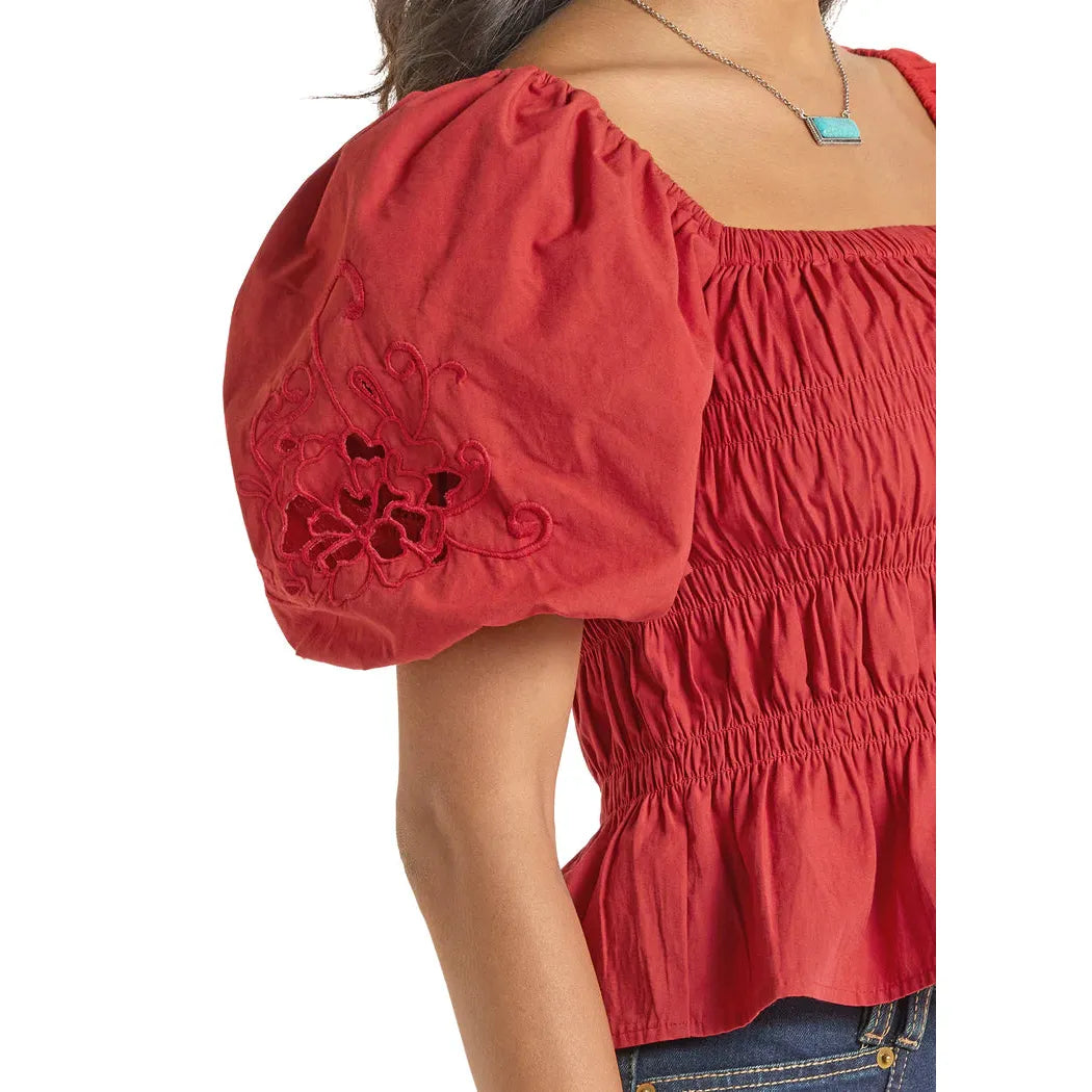 Rock & Roll Women's Cutwork Puff Embroidered Sleeve Poplin Top - Multiple Colours