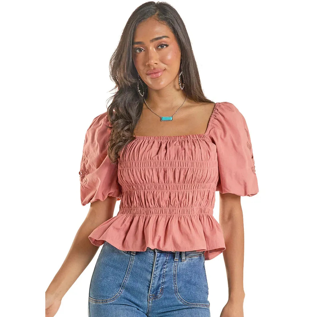 Rock & Roll Women's Cutwork Puff Embroidered Sleeve Poplin Top - Multiple Colours