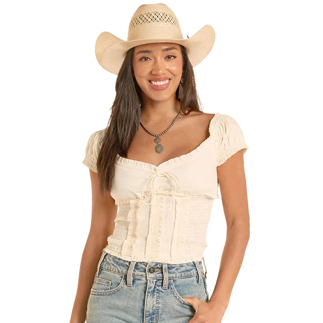 Rock & Roll Women's Smocked Tie Front Top - Natural