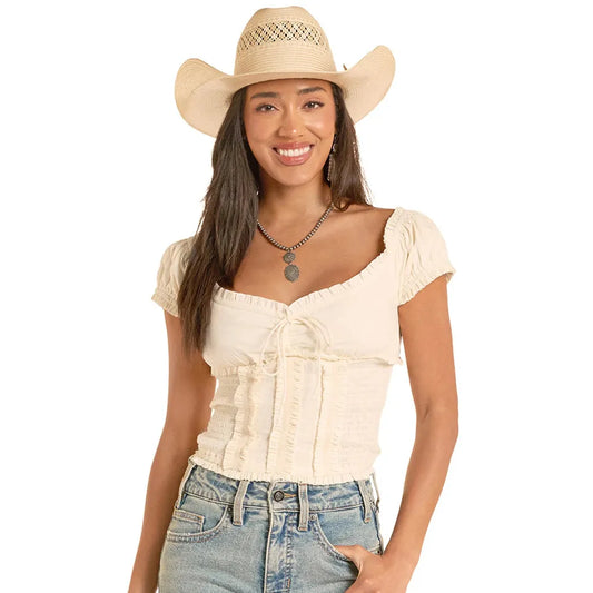Rock & Roll Women's Smocked Tie Front Top - Natural