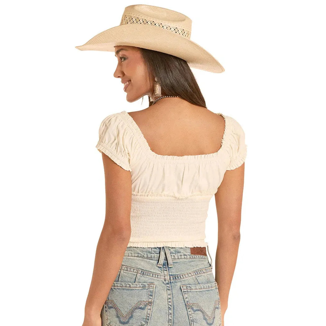 Rock & Roll Women's Smocked Tie Front Top - Natural