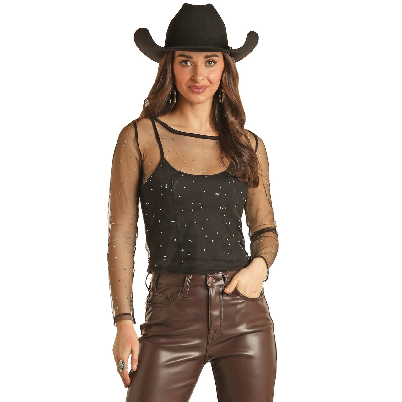 Rock & Roll Women's Mesh Rhinestone Top - Black