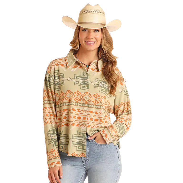 Rock & Roll Women's Long Sleeve Aztec Knit Overshirt- Jade
