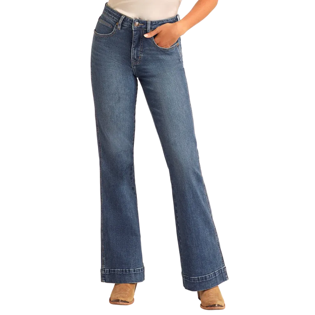 Rock & Roll Women's High Rise Signature Stitch Trousers- Medium Wash