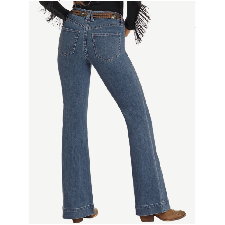 Rock & Roll Women's Mid Rise Western Embroidered Trousers - Medium Wash