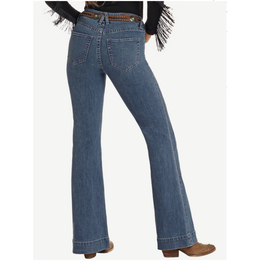 Rock & Roll Women's Mid Rise Western Embroidered Trousers - Medium Wash