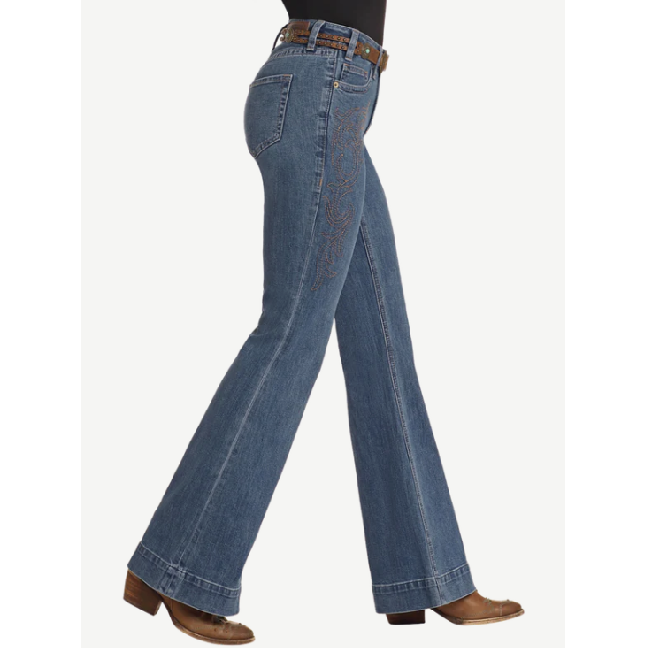 Rock & Roll Women's Mid Rise Western Embroidered Trousers - Medium Wash