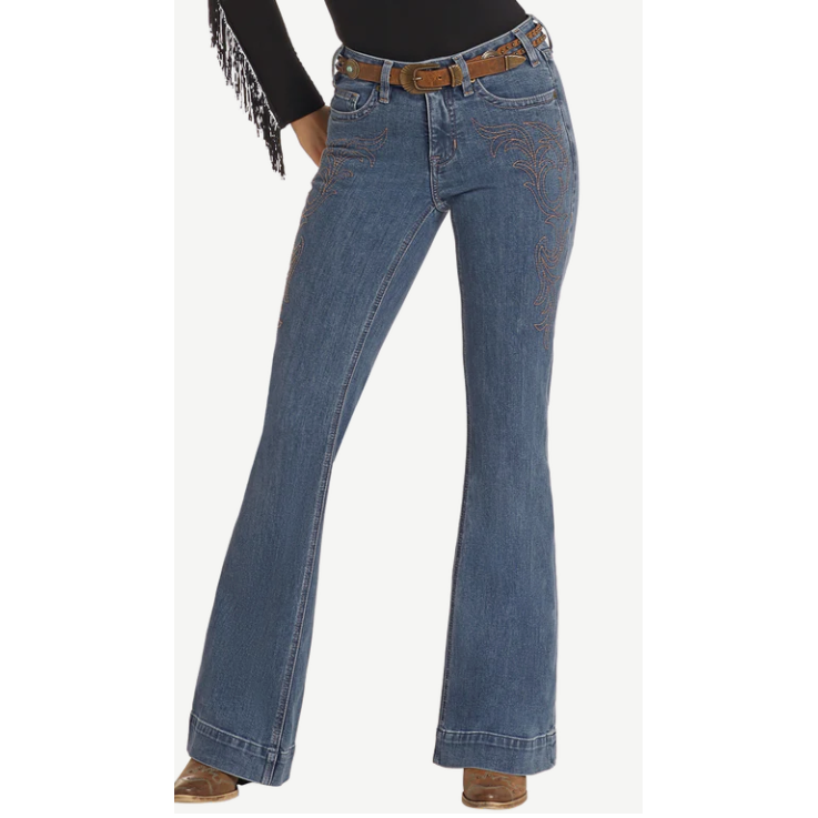 Rock & Roll Women's Mid Rise Western Embroidered Trousers - Medium Wash