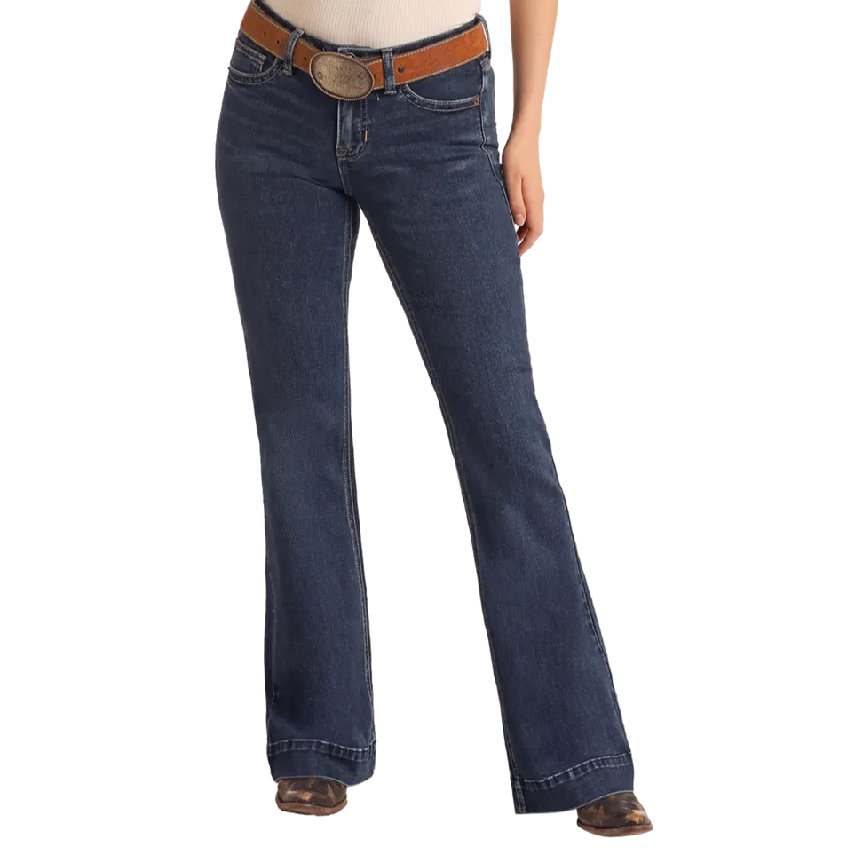 Rock & Roll Women's Boot Stitch Midrise Trousers- Dark Wash