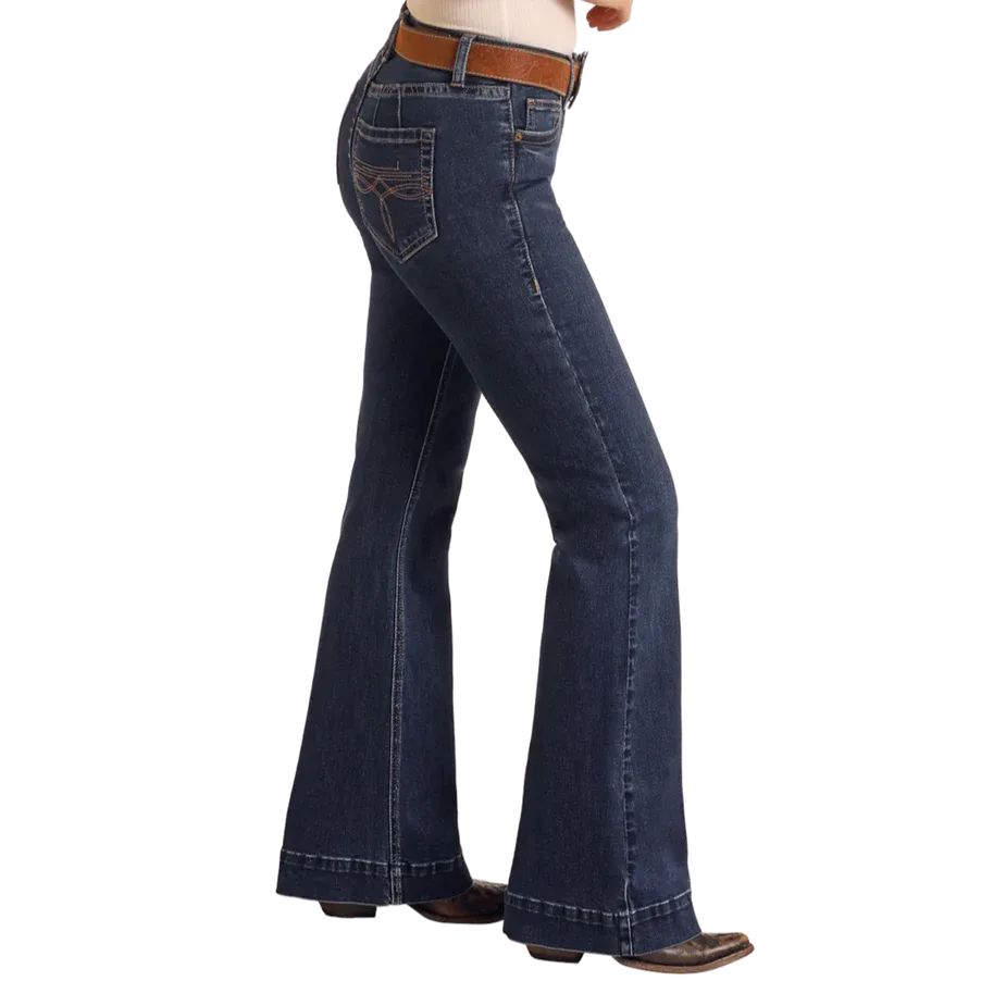 Rock & Roll Women's Boot Stitch Midrise Trousers- Dark Wash