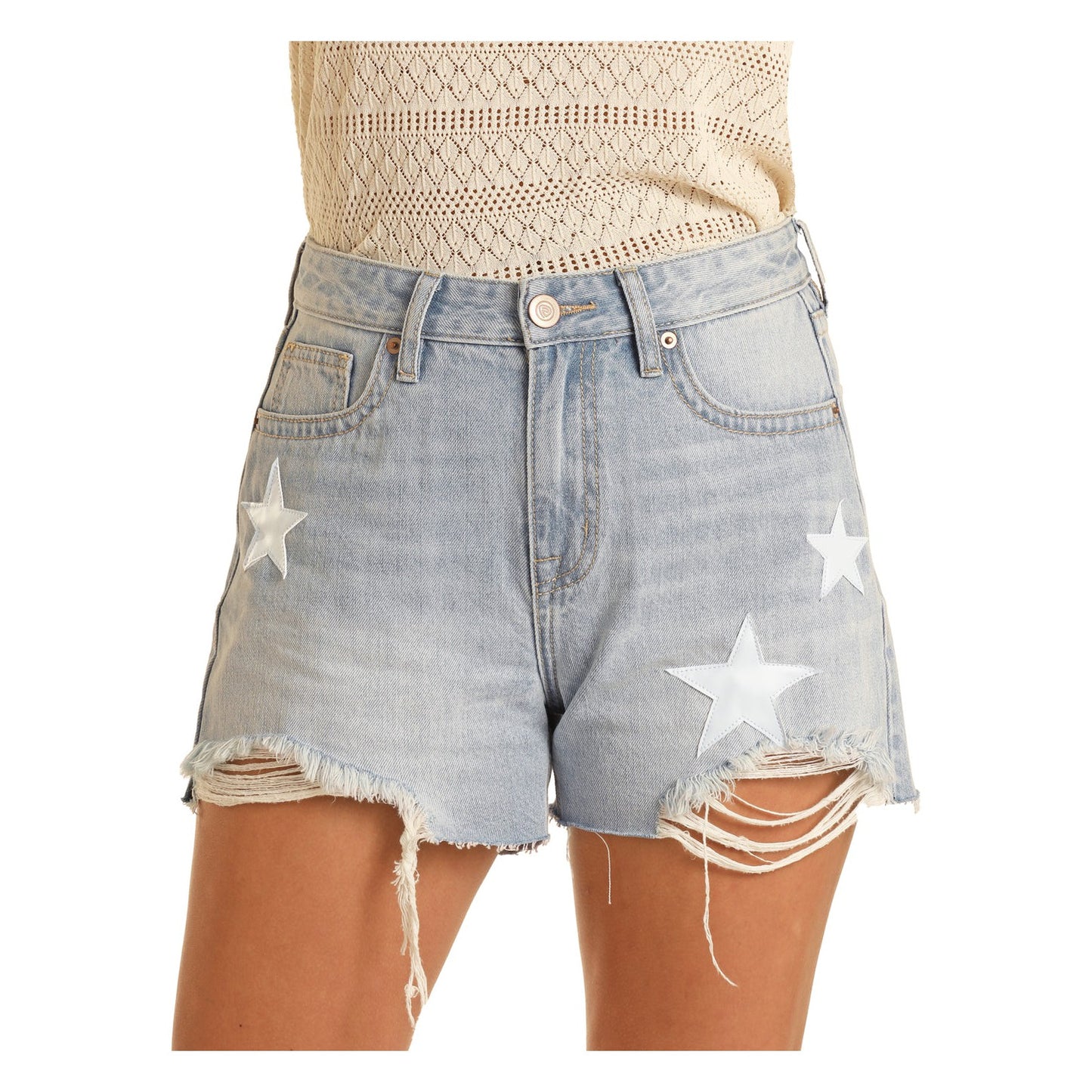 Rock & Roll Women's Leather Patch Star Shorts - Light Wash