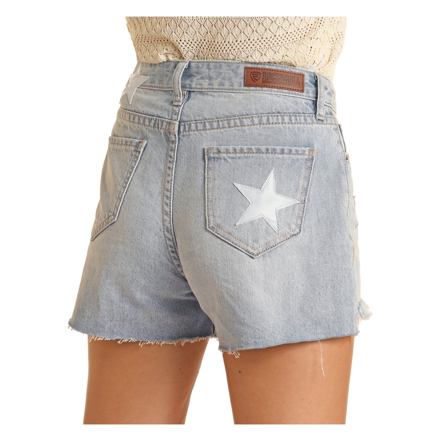 Rock & Roll Women's Leather Patch Star Shorts - Light Wash