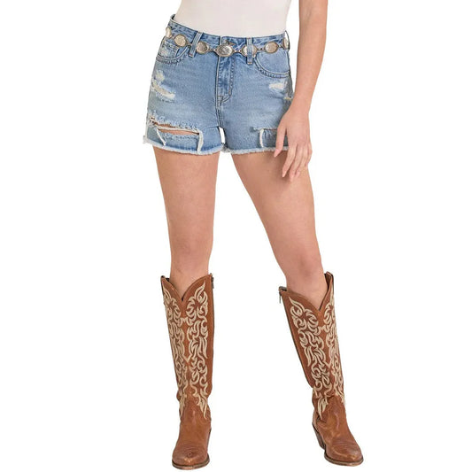 Rock & Roll Women's Classic Pocket Distressed Shorts - Light Wash