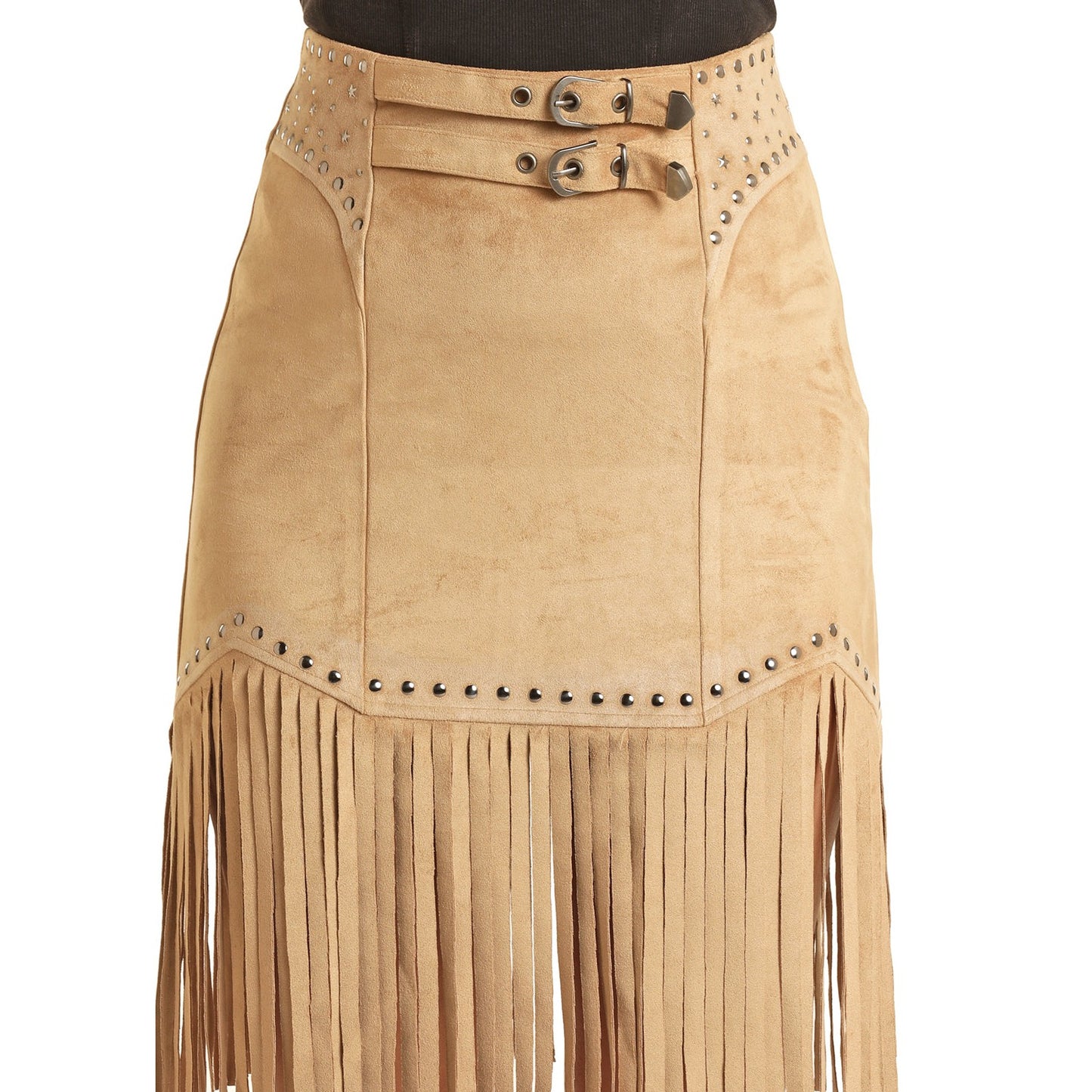 Rock & Roll Women's Studded Fringe Skirt - Camel